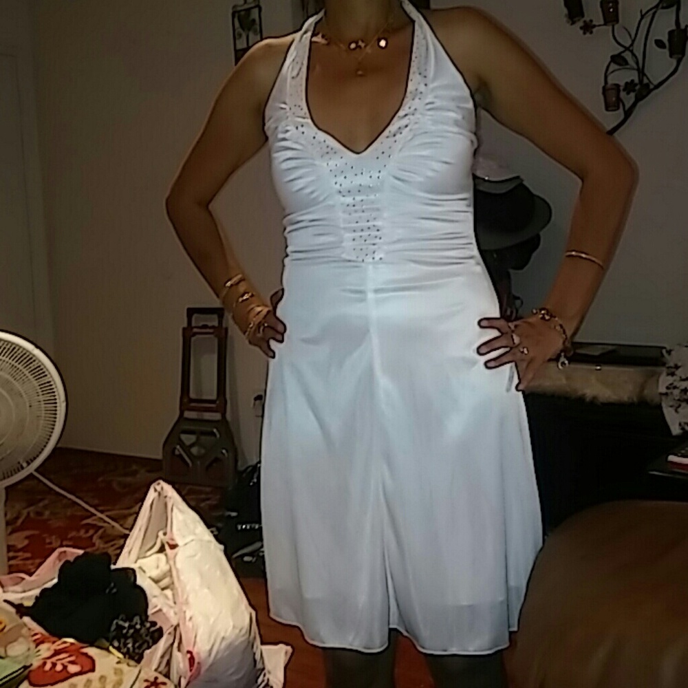 Short Shiny white halter dress with silver bling